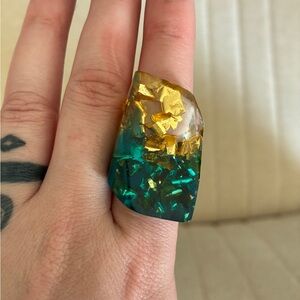 Gold & Teal Resin Statement Ring - Women Jewelry